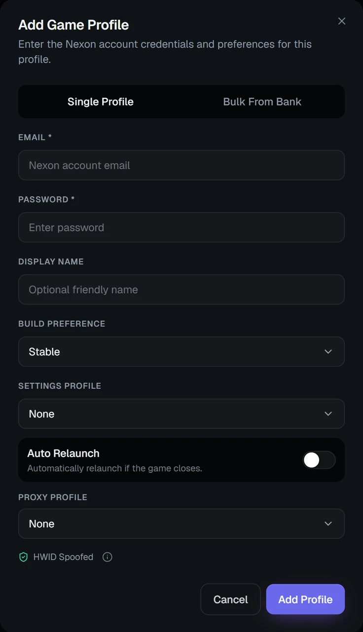 The Add Game Profile dialog in the web menu, with fields for the Nexon email and password