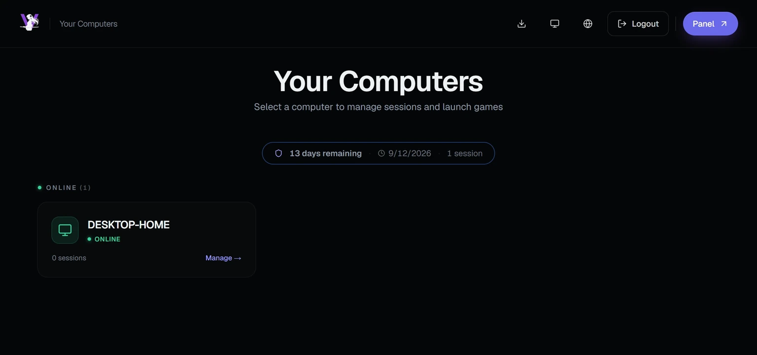 The menu's Computers page with a connected computer shown online