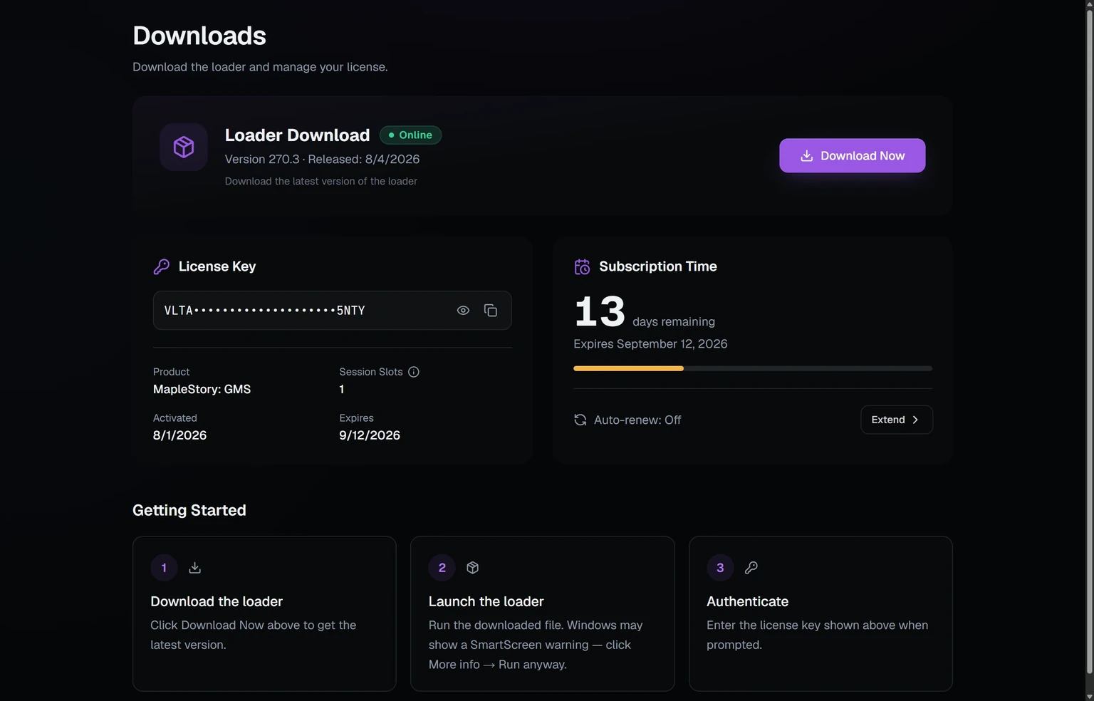 The Downloads page in the panel, showing the loader download button and your license key