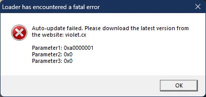 A sanitized Violet fatal-error dialog showing that the loader auto-update failed