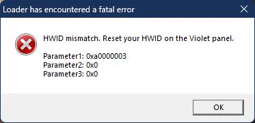 A sanitized Violet fatal-error dialog showing an HWID mismatch and all three diagnostic parameters