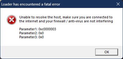 A sanitized Violet fatal-error dialog showing that the loader could not resolve or reach the server