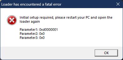 A sanitized Violet fatal-error dialog asking for a restart after initial setup